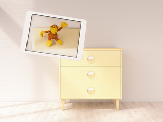 Floating digital tablet with toy monkey in modern children's room