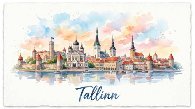Watercolor Illustration of the Historic Tallinn Skyline Featuring Towered Architecture and Coastal Reflections