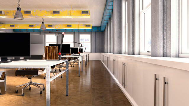 Empty modern corporate office workspace with computers