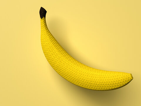 3D rendering of a yellow knitted banana on a yellow background
