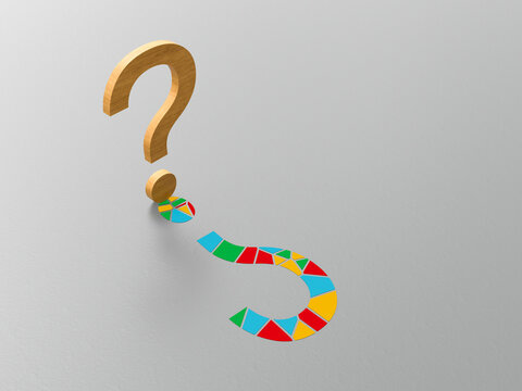 3D wooden question mark with colorful pixelated shadow