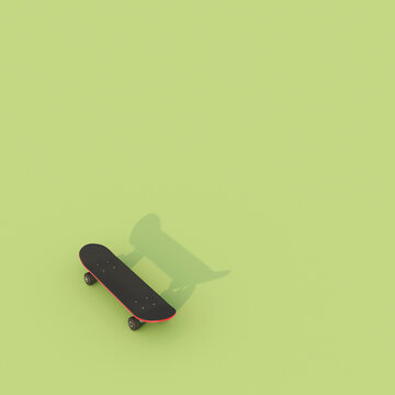 Skateboard with invisible rider shadow on green background