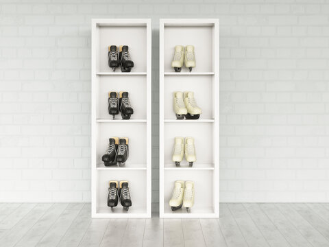 3D render of black and white ice skates on shelves indoors
