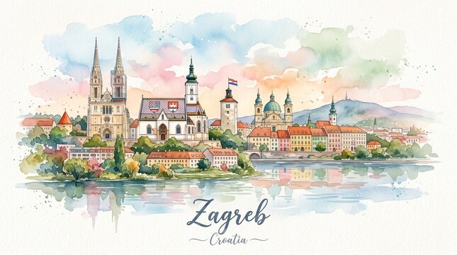 Watercolor Illustration of Zagreb Croatians Historic Skyline with Diverse Architecture and Scenic River Views