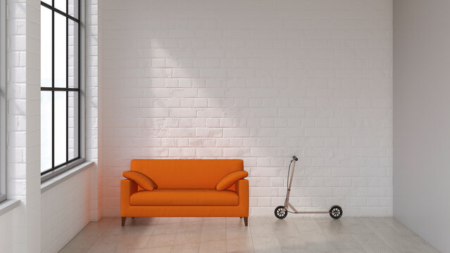3D rendering of orange sofa and scooter in minimalist room