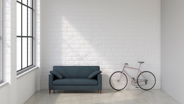 Modern loft interior with blue sofa and pink bicycle