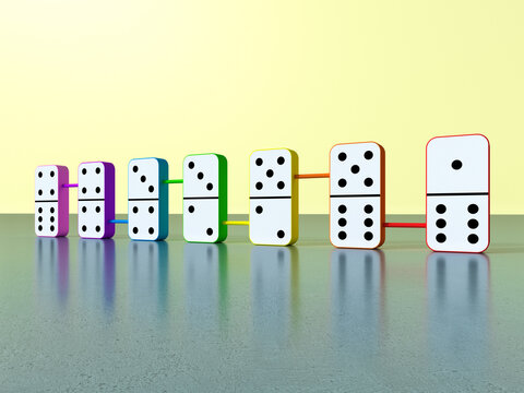 3D rendering of connected colorful dominoes standing in a row