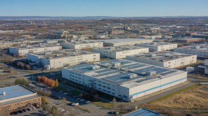 Obraz premium Aerial view of a large industrial business park with warehouses