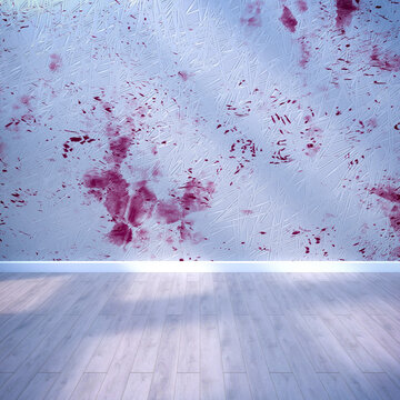 Empty modern room with red blood splatters on textured white wall