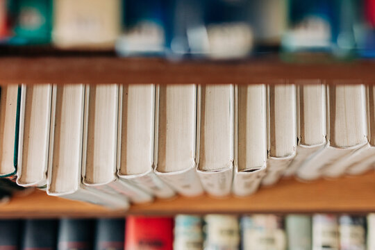 Row of books on a wooden bookshelf in a public library