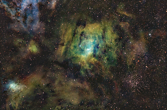 Bubble Nebula and M52 open cluster in false color Hubble Palette