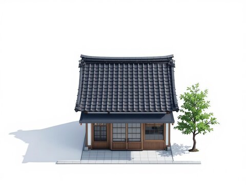 Traditional Japanese House Architecture with Tiled Roof and Tree