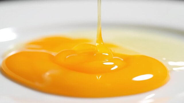 Raw egg yolk close up with fresh yellow liquid texture, smooth organic ingredient for cooking and healthy meal preparation, vibrant food protein nutrition in kitchen culinary setting