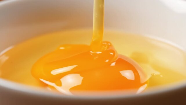 Raw egg yolk close up showing fresh yellow liquid ingredient with smooth texture, perfect for cooking or baking, highlighting natural protein nutrition in food preparation bowl spoon view