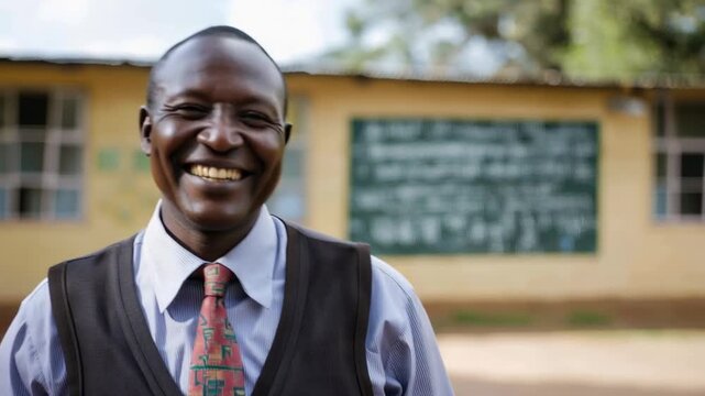 Cheerful portrait of an elderly african teacher laughing with joy and happiness while looking at the camera. A rural school building with a chalkboard is visible in the background