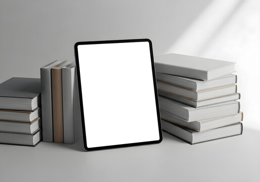 Tablet with blank screen standing among stacks of books ebook mockup