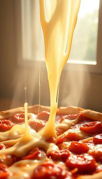Melted cheese cascades like ethereal watercolor, a pizza canvas kissed by soft light, Dutch angle dreams,  dutch angle,  unique