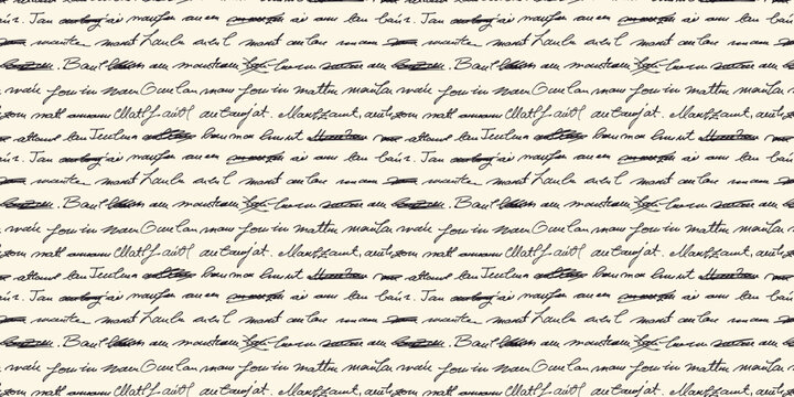 Vintage Handwritten Cursive Poetry Text Vector Illustration. Seamless pattern with unreadable and illegible script style on white background. Abstract doodle script with black messy lines 