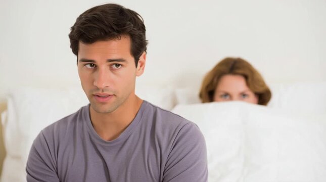 Erectile dysfunction: problems in sexual life - a young adult is trying to justify themselves in the eyes of their partner after a failure in bed