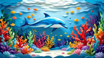 Fototapeta premium Vibrant Paper Cut Coral Reef Scene with Blue Dolphin and Tropical Fish