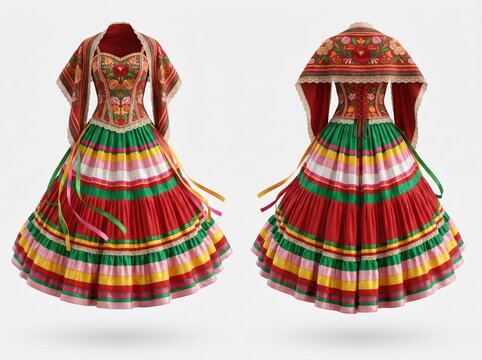 Traditional mexican folklorico dress with floral embroidery and colorful striped skirt isolated on white background