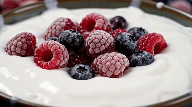 Frozen raspberry and blueberry berries splash into creamy yogurt bowl, fresh healthy dessert with vibrant colors and smooth texture, close up of frozen berry falling into creamy yogurt swirl bowl