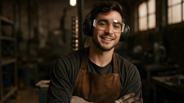 Professional young metalworker wearing protective equipment with his arms crossed and smiling while standing in his workshop, proud of his craft and ready for a new day of manual labor