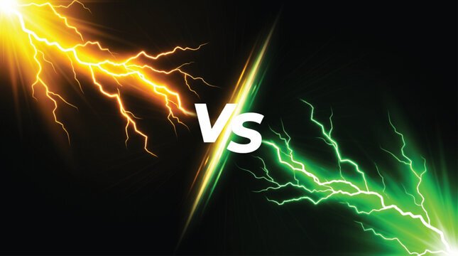 Yellow and green lightning bolts clashing in dark background with vs text in center representing competition rivalry duel or versus concept for digital marketing and creative graphic design.