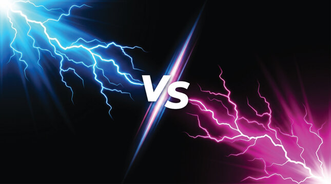 Blue and pink lightning bolts clashing in dark background with vs text in center representing competition rivalry duel or versus concept for digital marketing and creative graphic design.