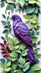 Obraz premium Purple Paper Cut Bird Illustration Among Green Leaves