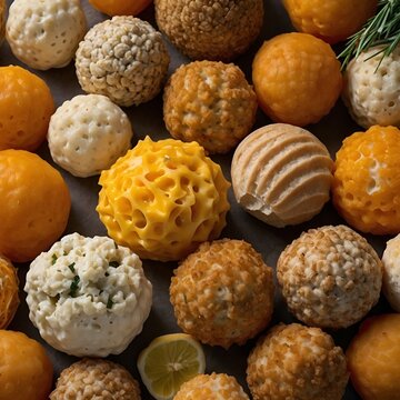 Top view cheeseballs arranged symmetrically, bird&rsquo;s eye view, clean layout, warm tones, copy space