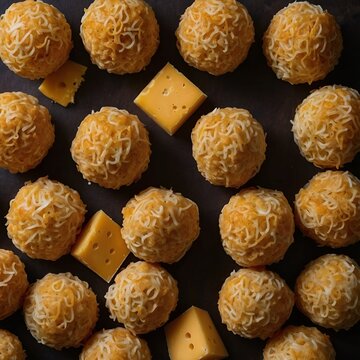 Top view cheeseballs arranged symmetrically, bird&rsquo;s eye view, clean layout, warm tones, copy space