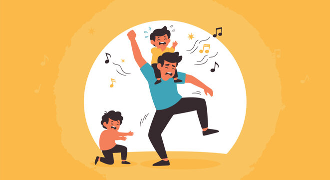Vector illustration of happy family dancing, joyful people, music icons, colorful cartoon characters