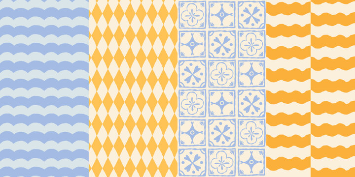 Vector seamless patterns set in hand drawn doodle sketchy style with ocean waves, stripes and checks, abstract backgrounds for posters, summer sea side vacations holiday prints