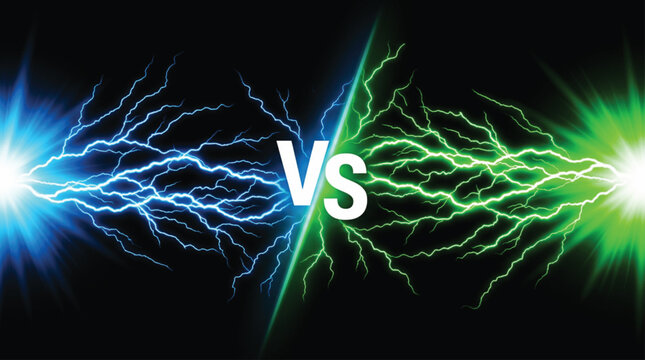 Blue and green lightning energy bolts clashing with central versus symbol in digital art composition for competitive gaming match or versus battle theme background graphic design.
