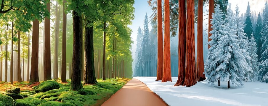 Surreal split landscape showing summer forest and snowy winter with a path through changing seasons