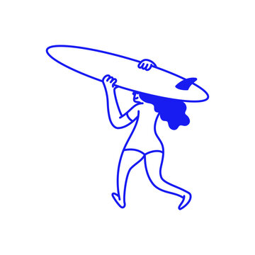 Vector hand drawn doodle girl cartoon illustration, surfer mascot character, female, sporty surfing figure riding a wave, playful creative modern sketch design for branding, advertising, t-shirt print