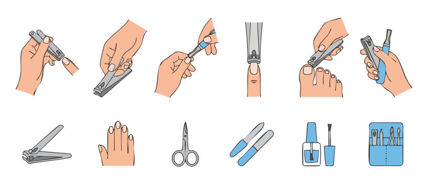Nail Care Routine and Manicure Tools Illustration Set for Personal Hygiene and Pedicure Procedures. Vector icons depicting hand grooming, nail clipping, filing, and professional salon equipment collec
