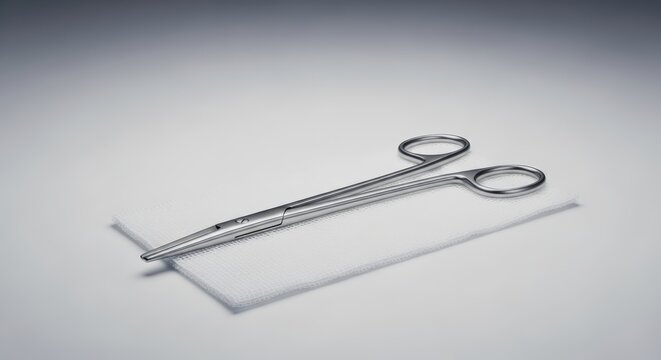 Surgical Scissors and Gauze Pad on White Background.