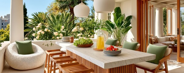 Obraz premium Sunlit outdoor dining terrace with marble island, wooden stools, tropical plants and relaxed seating