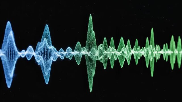 Colorful sound wave pattern on black background highlighting geometric patterns and contemporary art
