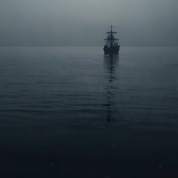 Silhouette ship in foggy ocean, long shot, dark blue tones, minimal composition, calm remembrance concept, copy space