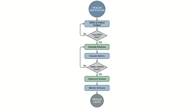 Business problem solving process flowchart showing identification analysis solution generation and implementation steps