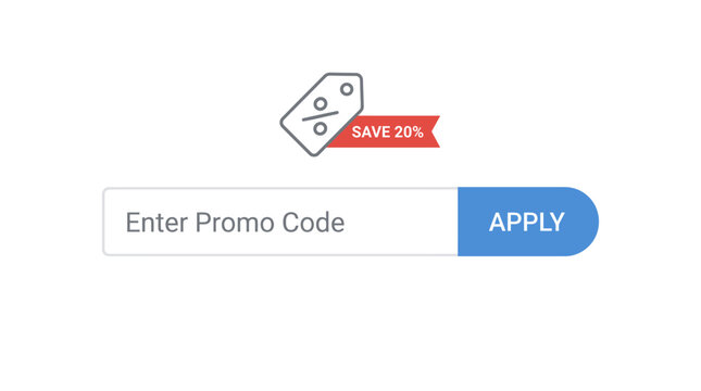 : Promo code entry field for e-commerce websites with save 20 percent discount tag and apply button interface