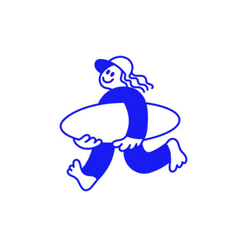 Vector hand drawn doodle cartoon illustration, surfer mascot character, sporty surfing figure riding a wave, playful creative modern sketch design for branding, advertising, t-shirt prints