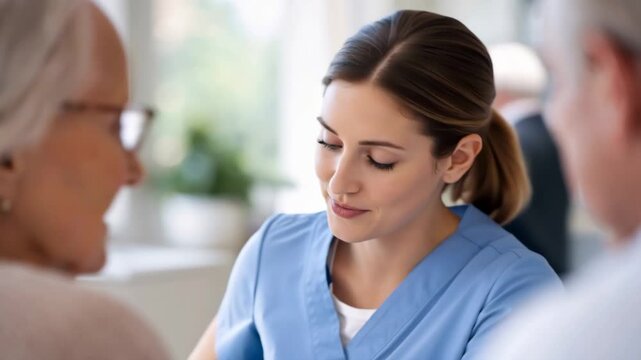 Professional caregiver providing medical consultation and support to a senior couple during a home visit. Empathetic nurse discussing healthcare options and giving advice to her mature patients