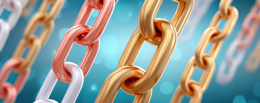 Close-up of interconnected metal chains and links symbolizing strength, connection and security in gold and rose