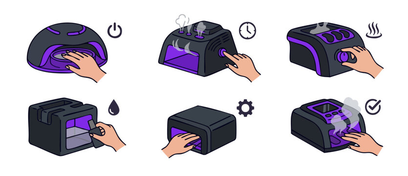 UV LED Nail Lamp Instructions Vector Set, Manicure Gel Drying Process Infographic for Professional Salon and Home Beauty Care Equipment, Step-by-Step Usage Guide for Hybrid Polymerization and Curing