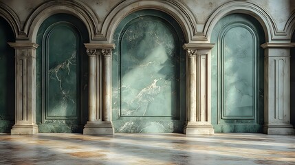 Fototapeta premium Interior of a spacious hall with marble walls and arched columns in natural light during the day