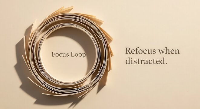 Circular paper scroll with text 'Focus Loop' and 'Refocus when distracted' on beige background